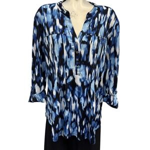 Abstract Print Button Up Tunic Top Blouse Blue Black‎ White READ DESCRIPTION